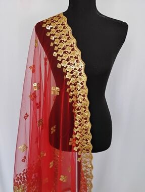 Red net sequence dupatta/ veil/ scarf/ with cut work border